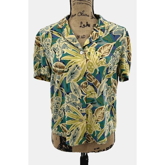 Maggy London Top Womens 6 100% Silk Button Up Tropical Short‎ Sleeve Blouse - Picture 1 of 7